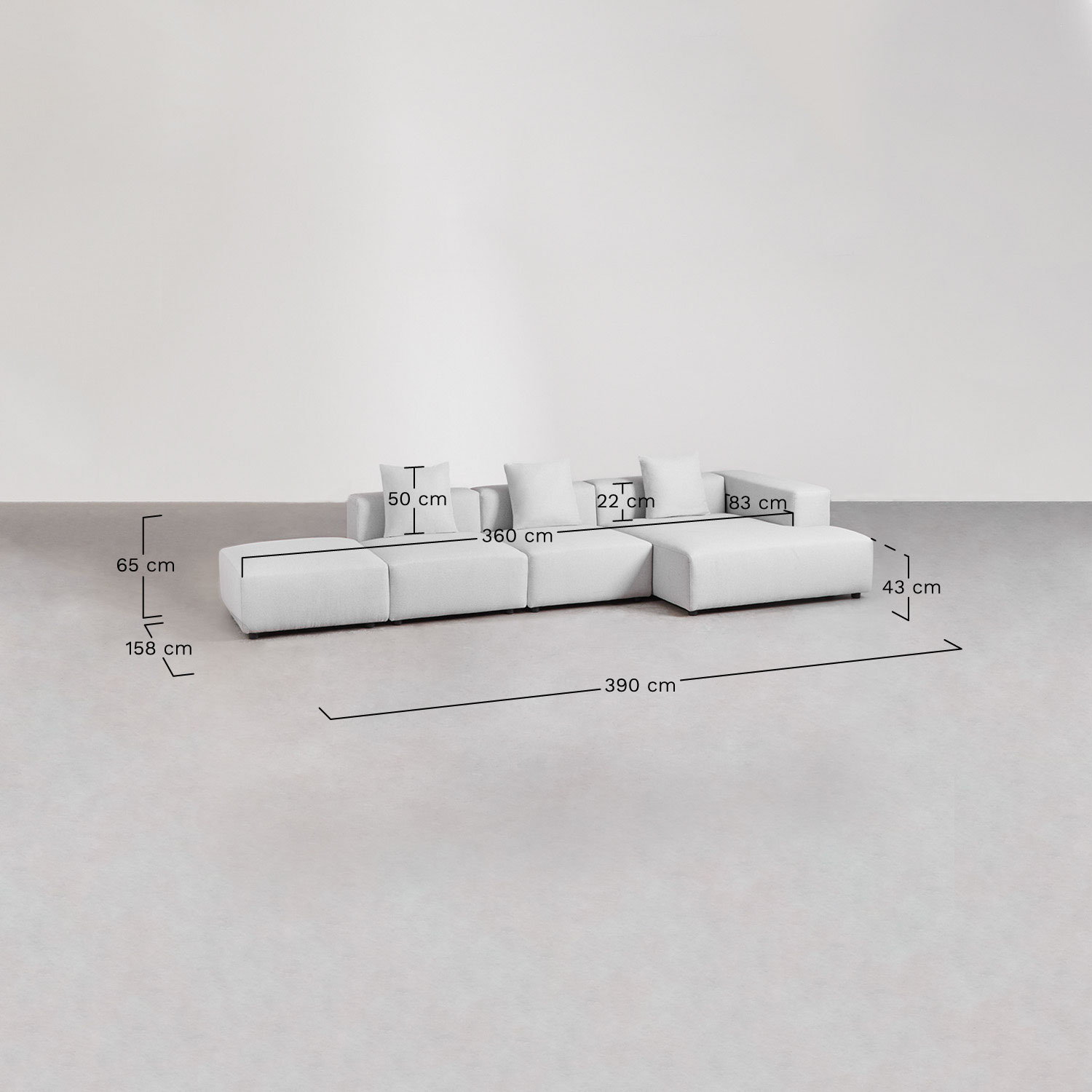 Sofá modular chaise longue de canto direito de 3 peças com puff ↔︎390 cm Bruna, Dimensões