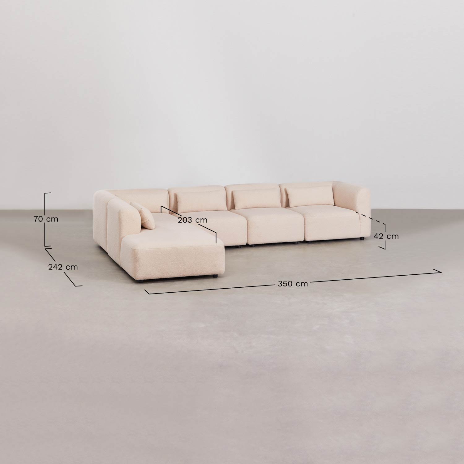 Sofá modular Fogler de 5 peças com chaise longue esquerda, Dimensões