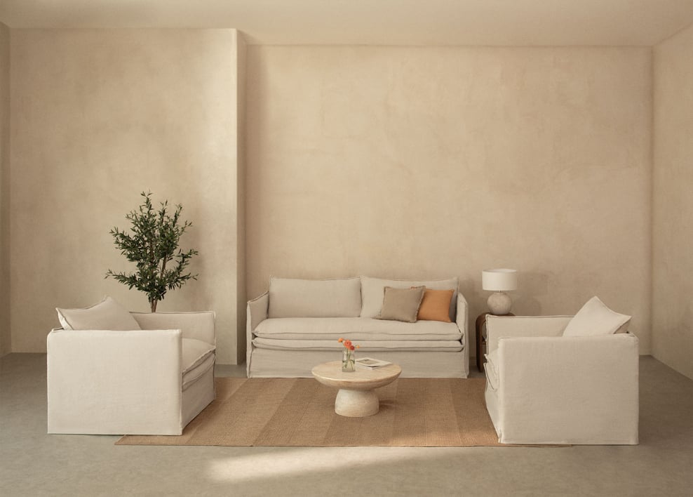 Conjunto de sala de estar com sofá de 3 lugares e 2 poltronas em linho e algodão Grace - Tecido Beige