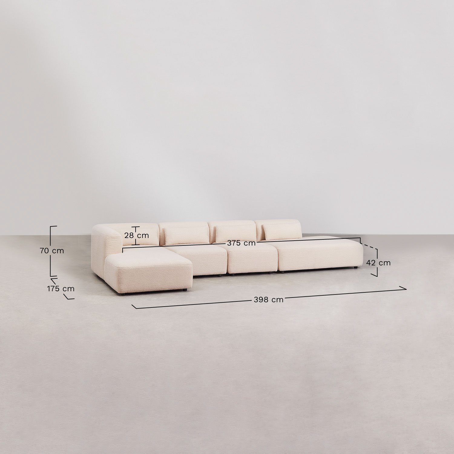 Sofá modular chaise longue canto esquerdo de 4 peças com divã Fogler, Dimensões