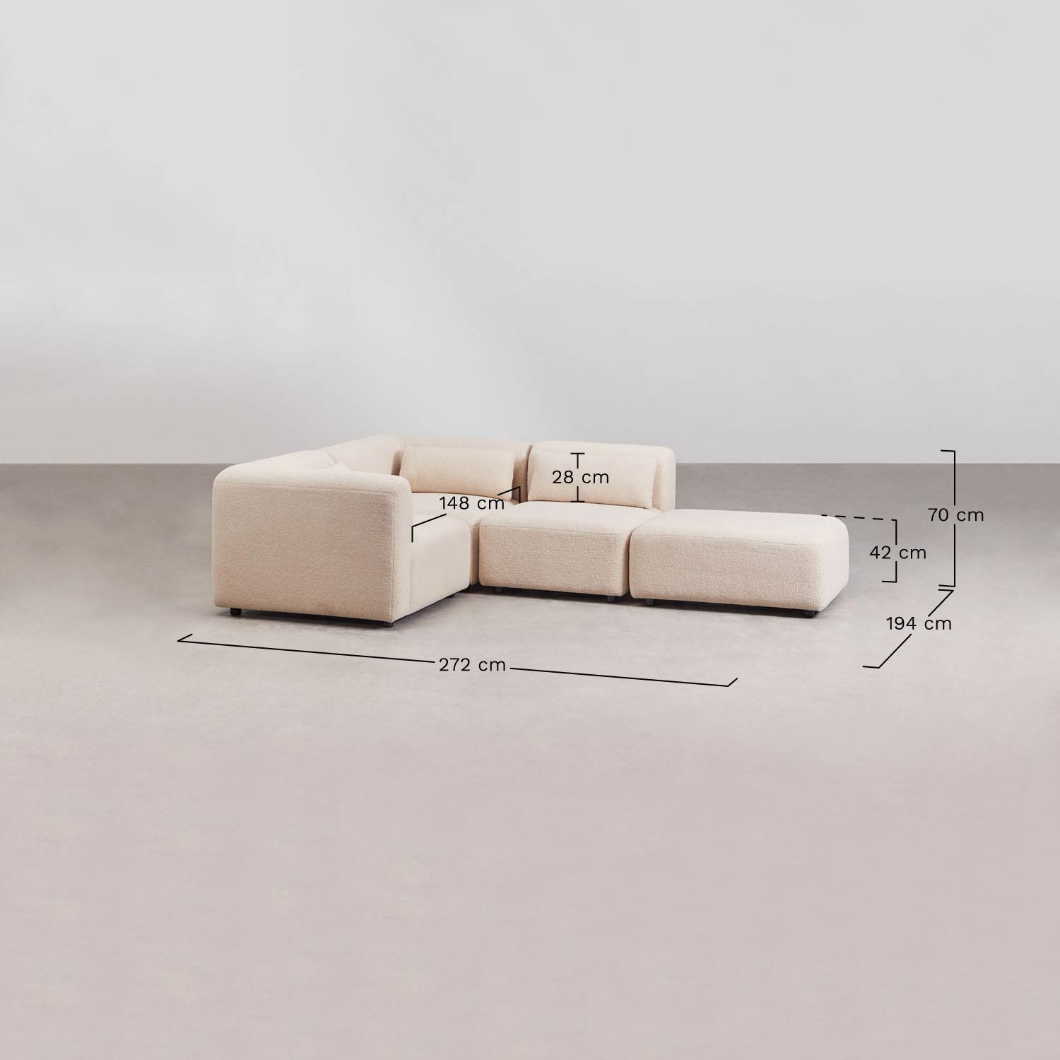 Sofá de canto modular de 3 peças com pufe Fogler, Dimensões