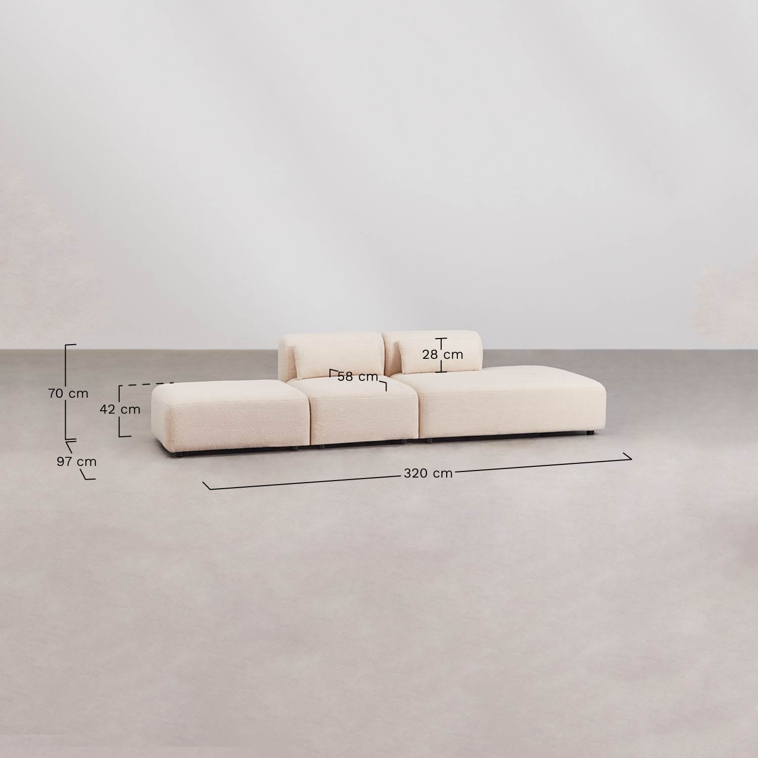 Sofá modular de 2 peças com chaise longue direita e pufe Fogler, Dimensões