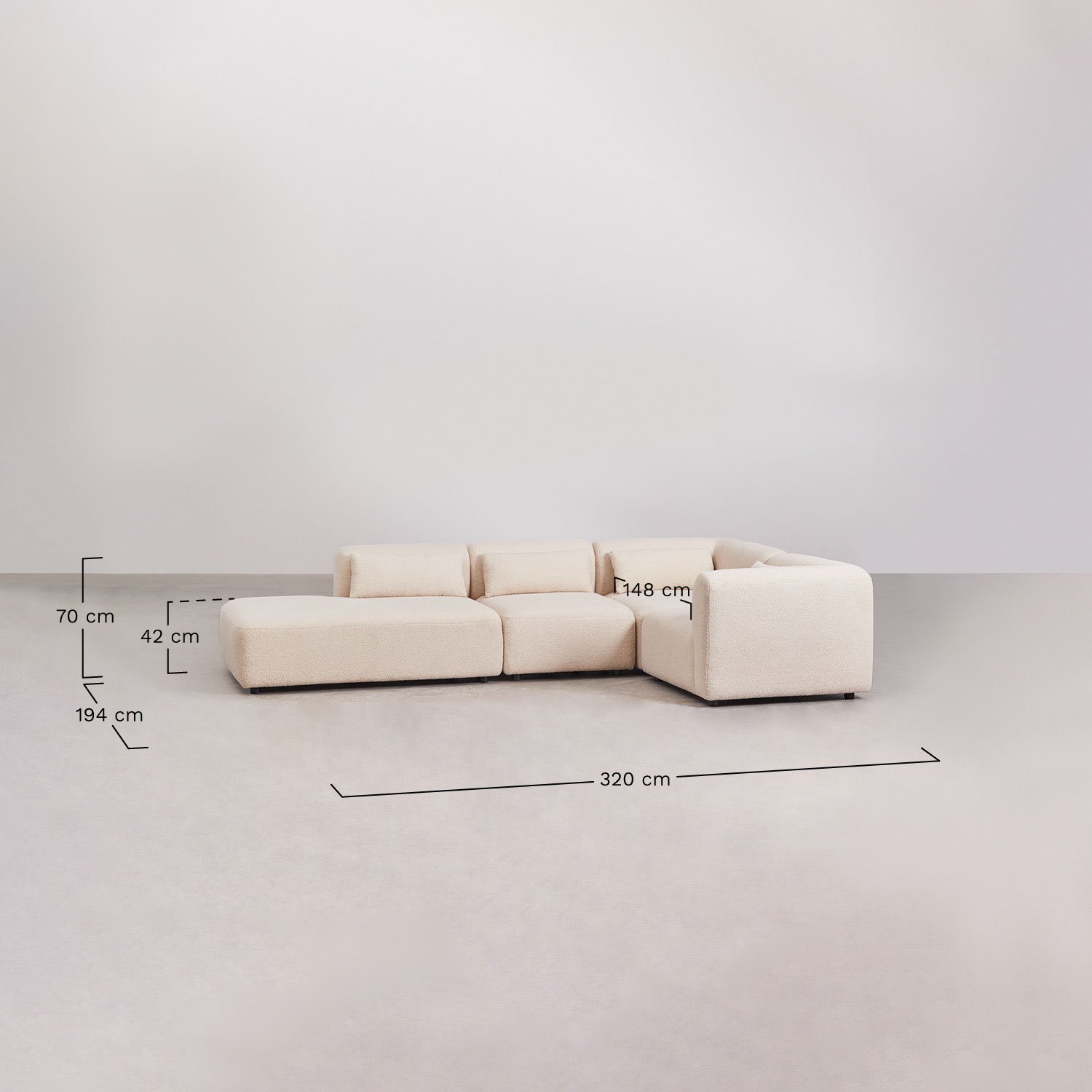 Sofá modular de canto Fogler de 4 peças com divã esquerdo , Dimensões