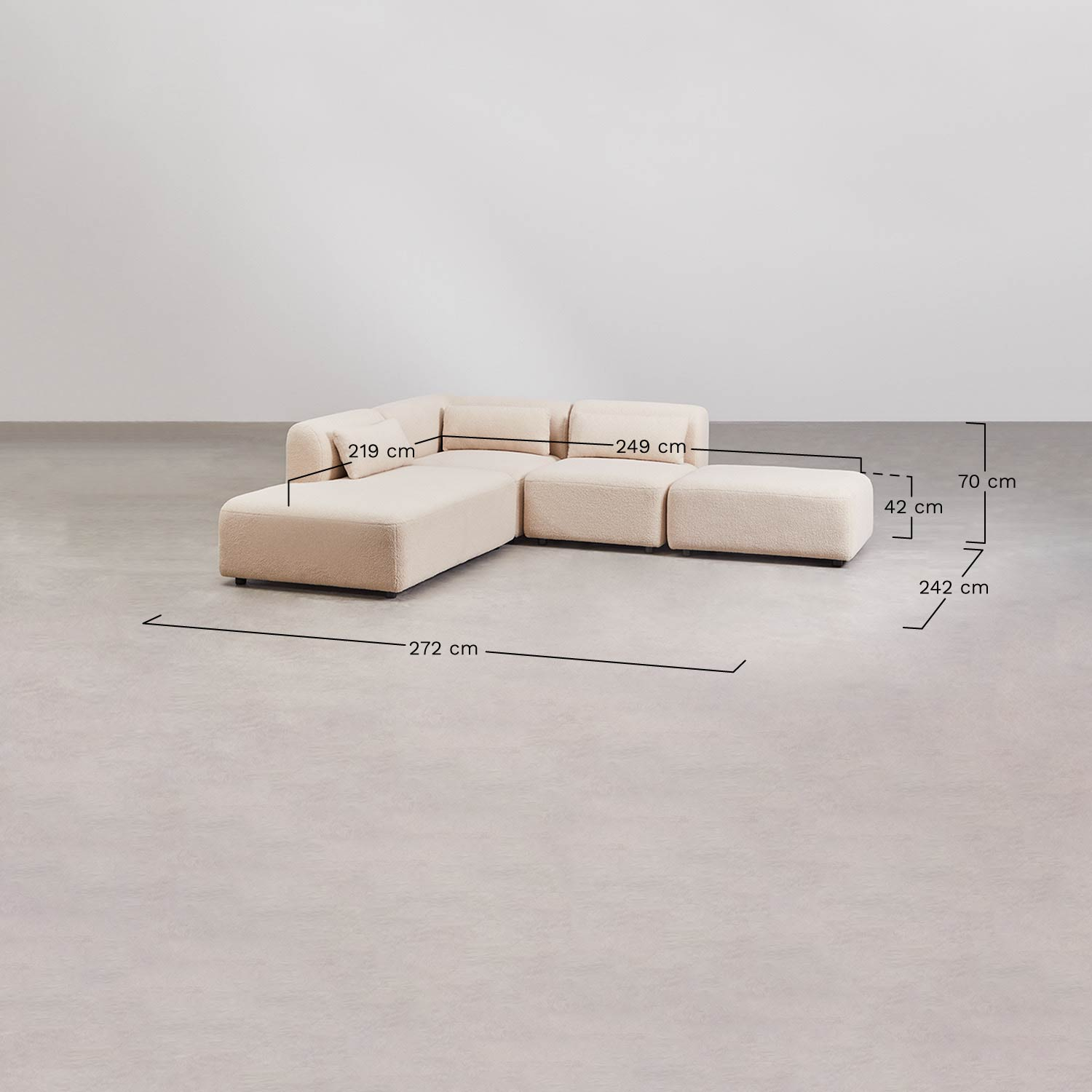 Sofá de canto modular de 3 peças com chaise-longue esquerda e pufe Fogler, Dimensões