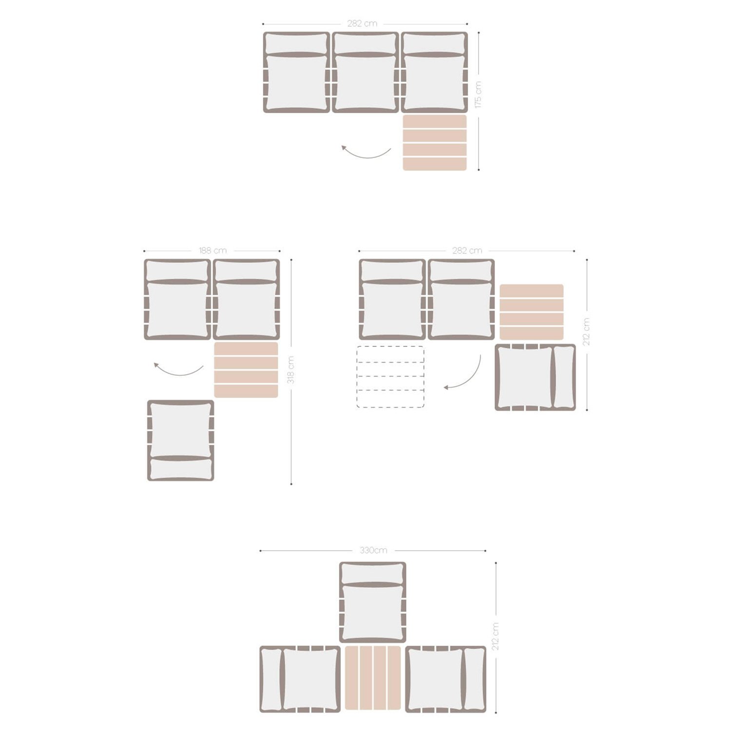 Conjunto de sala de estar com sofá reclinável modular de 3 peças e mesa de centro em madeira de acácia Brina, Dimensões