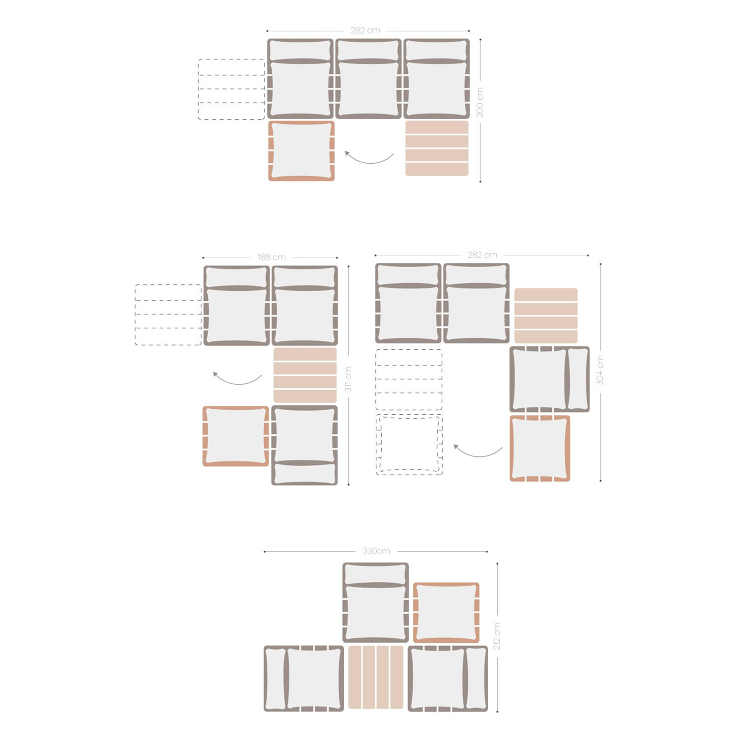 Conjunto de sala de estar com sofá reclinável modular de 3 peças, mesa de centro e pufe em madeira de acácia Brina, Dimensões
