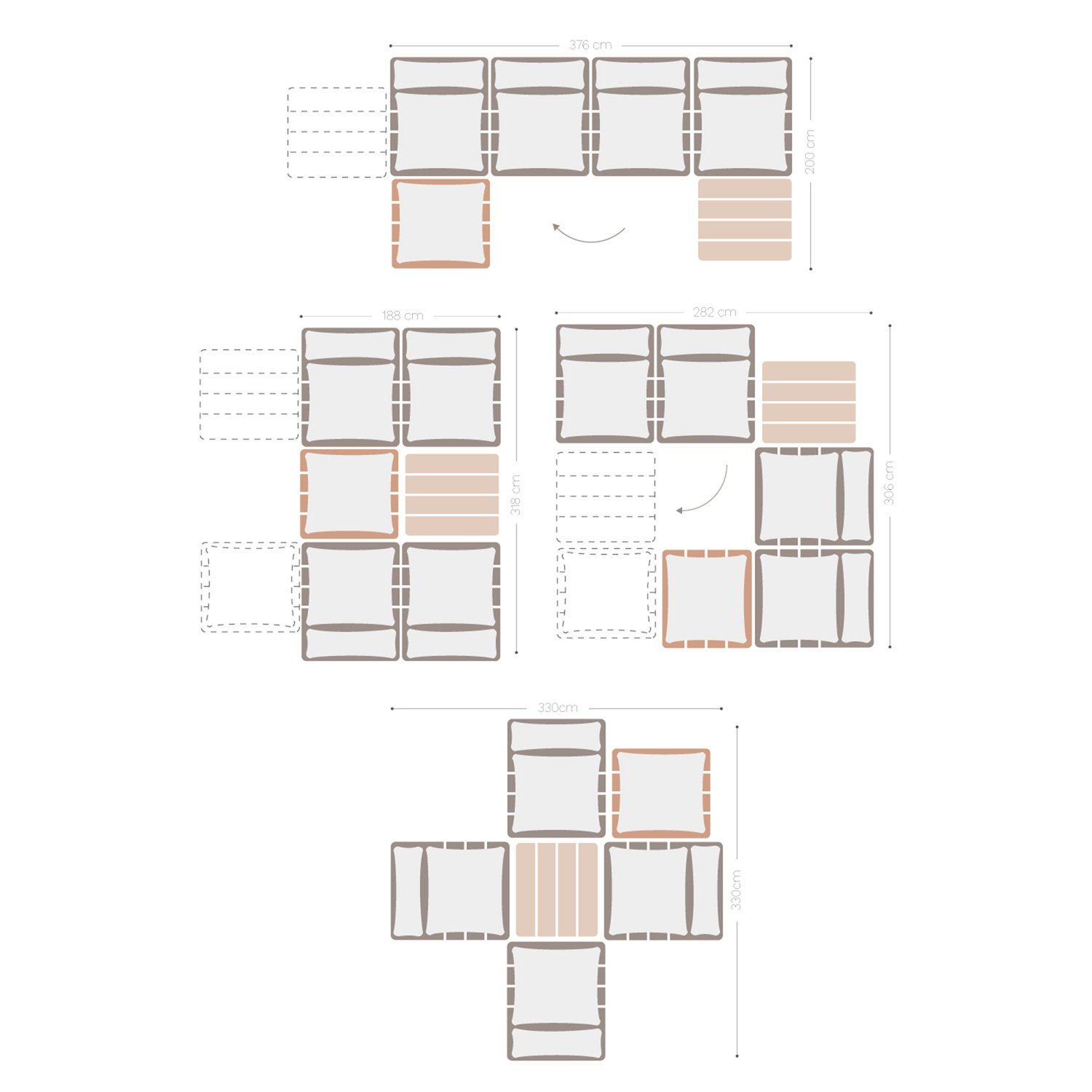 Conjunto de sala de estar Modular Reclinável de 4 Peças, mesa de centro e puff em madeira de acácia Brina, Dimensões