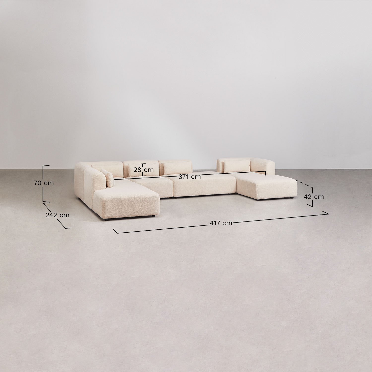 Sofá modular Fogler de 5 peças com chaise longue direita e chaise dupla, Dimensões