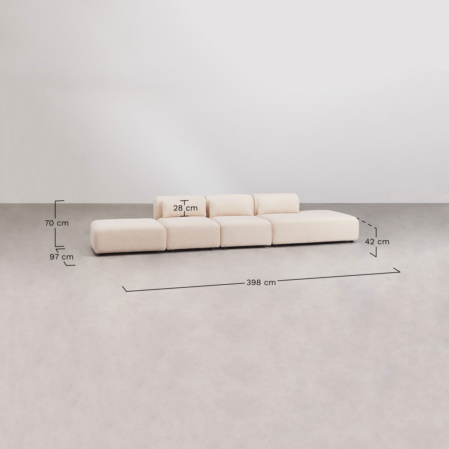 Sofá modular de 3 peças com chaise longue direita e pufe Fogler, Dimensões