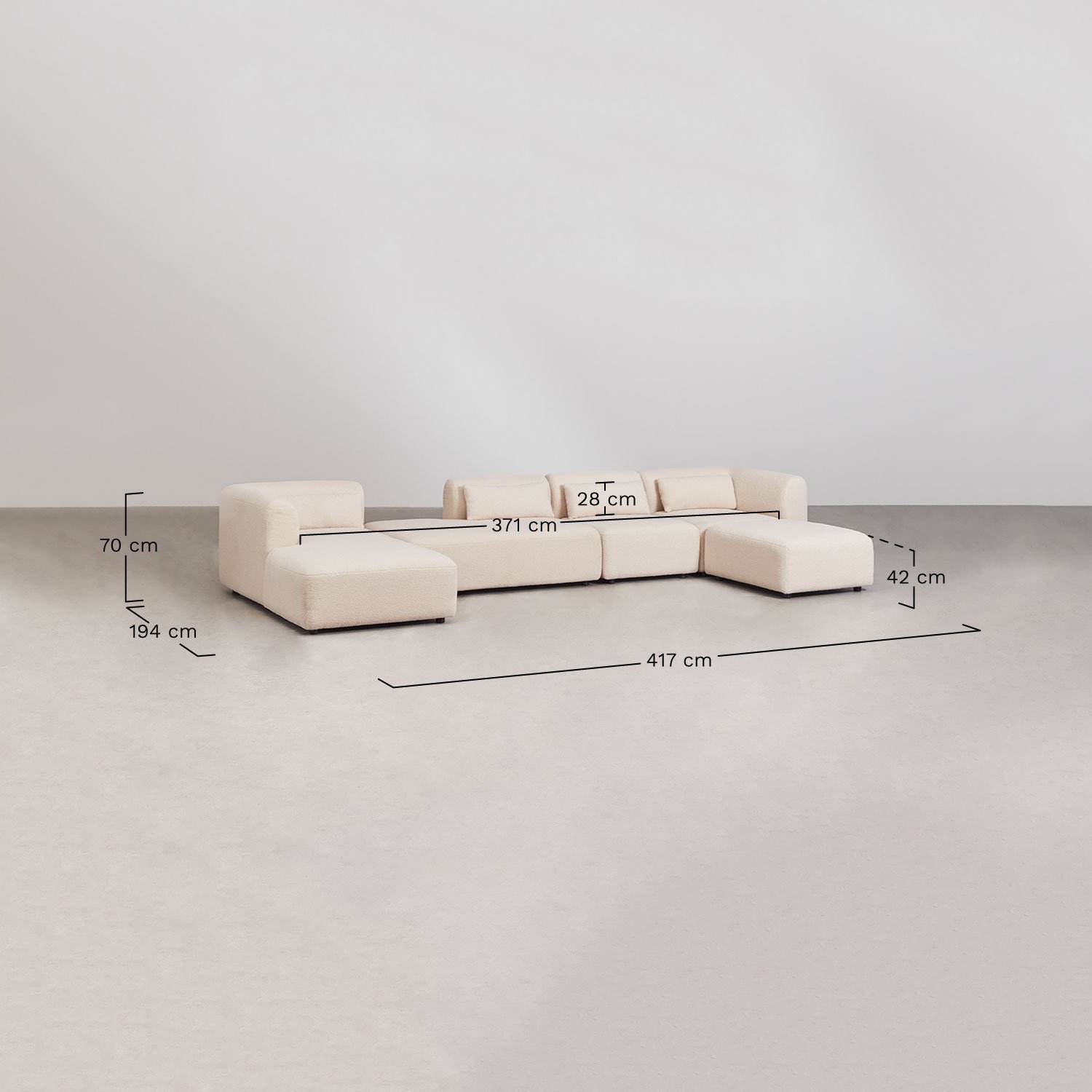 Sofá modular chaise longue esquerdo de 4 peças com espreguiçadeira e pufe Fogler, Dimensões