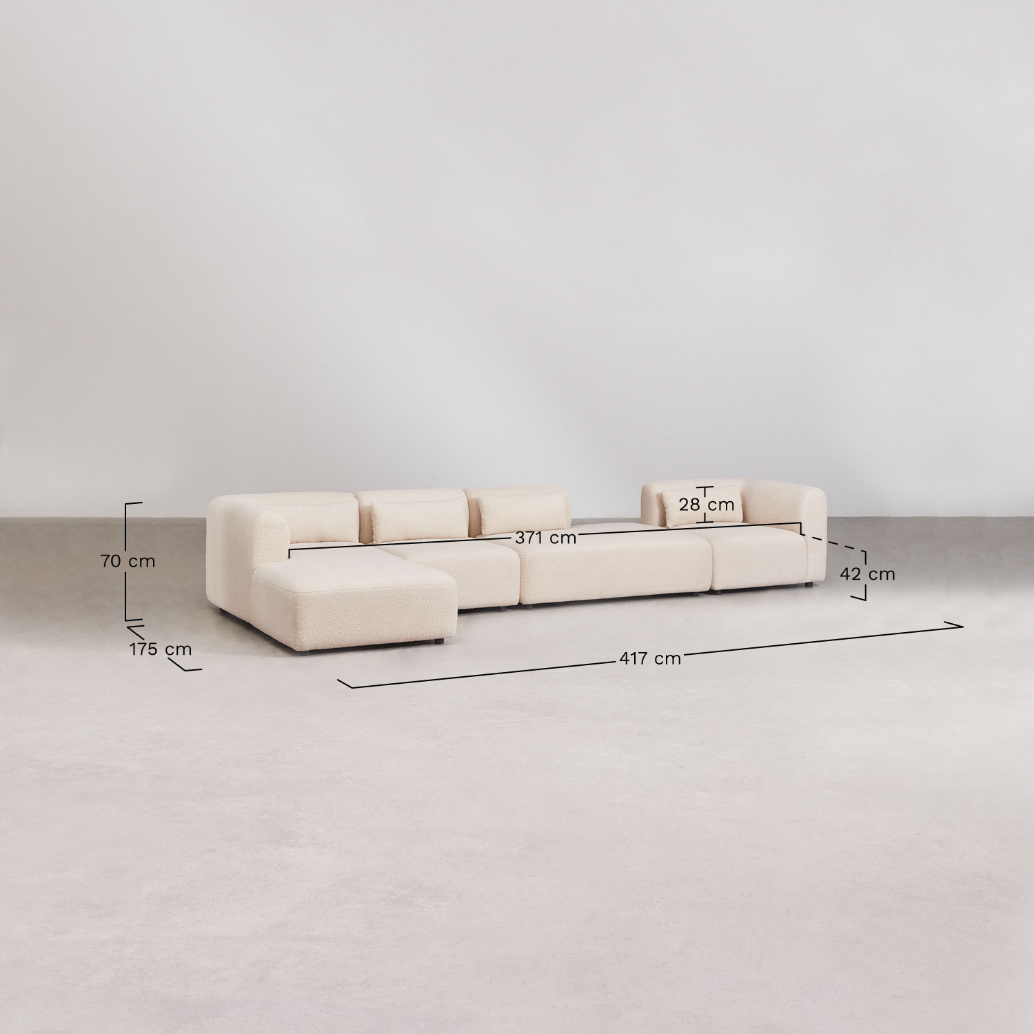Sofá modular Fogler de 4 peças com chaise longue esquerda e chaise longue, Dimensões