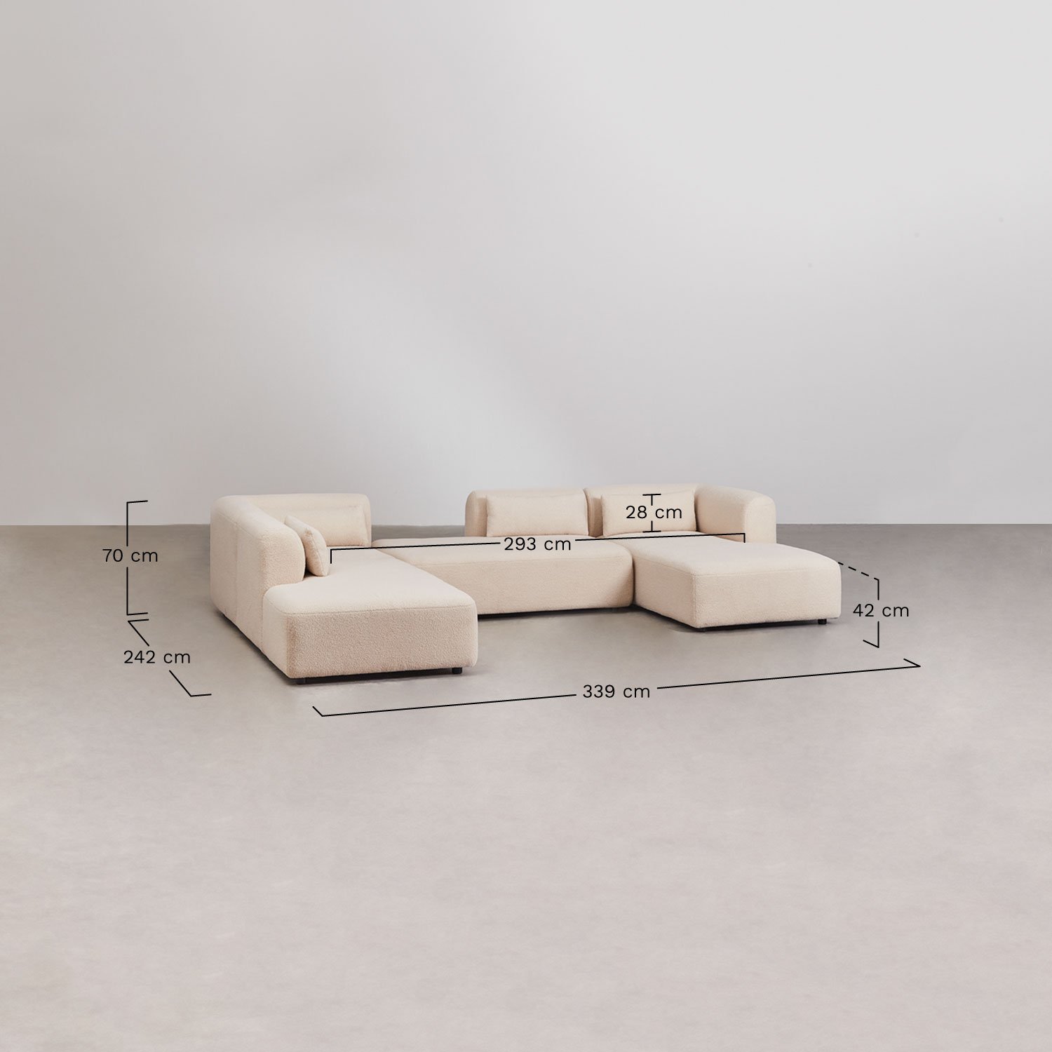 Sofá modular Fogler de 4 peças com chaise longue direita e chaise dupla, Dimensões
