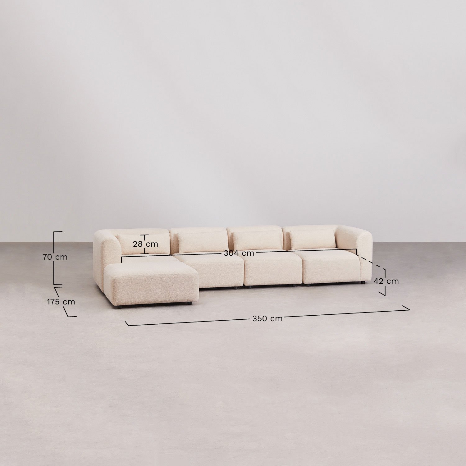 Sofá modular de 4 peças com pufe Fogler, Dimensões