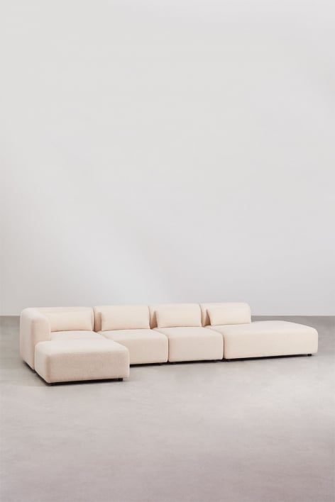 Sofá modular de canto de 4 peças com chaise direita e pufe Fogler - Chenille Creme Bege