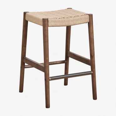 Pack De 2 Bancos Altos Em Madeira De Carvalho E Corda Entrançada (66 Cm) Mara Madeira Escura - Sklum