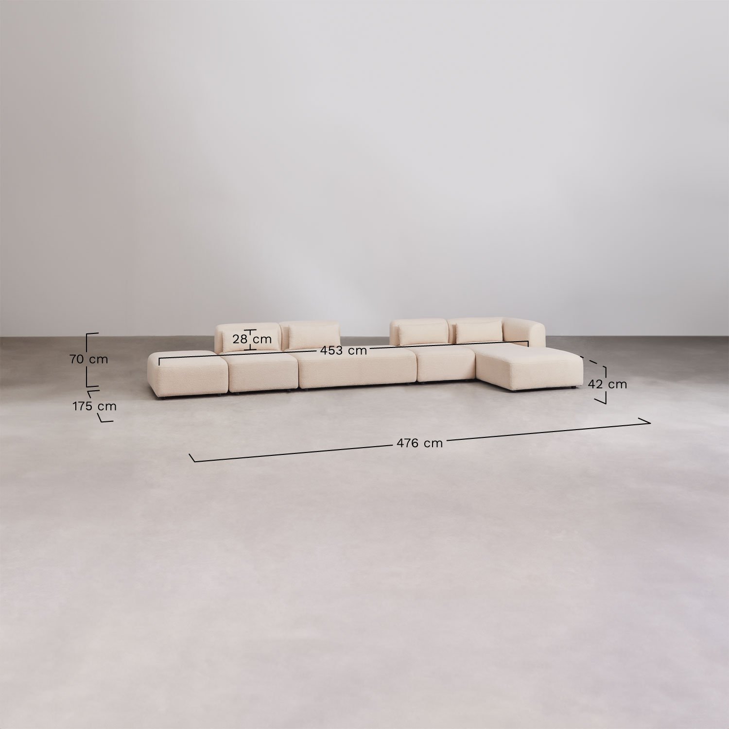 Sofá modular chaise longue canto direito 4 peças com chaise e puff Fogler, Dimensões