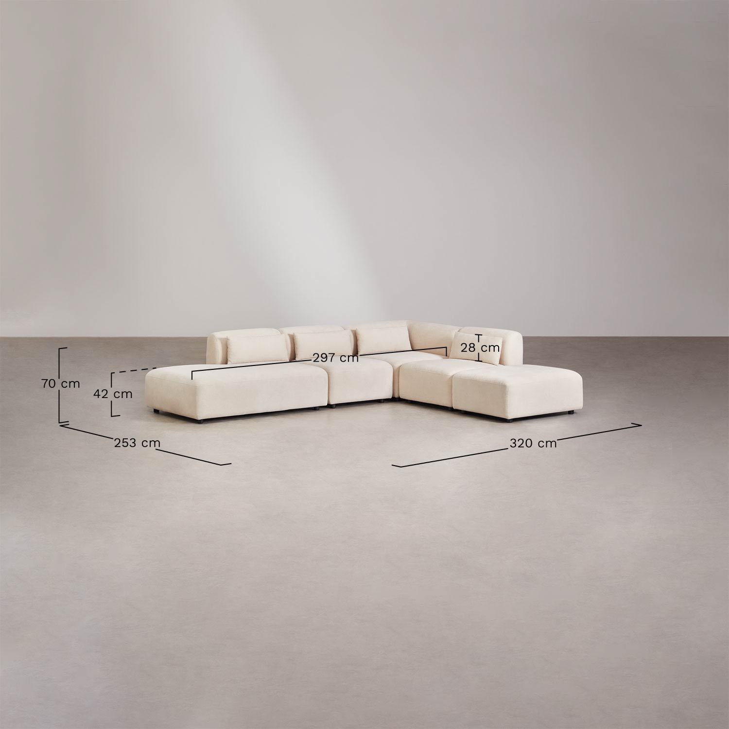 Sofá modular de canto de 4 peças com chaise longue esquerda e pufe Fogler, Dimensões