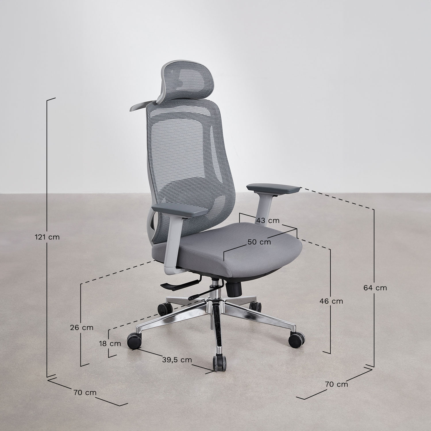 Cadeira de escritório com rodas e apoios de braços Larinsa, Dimensões