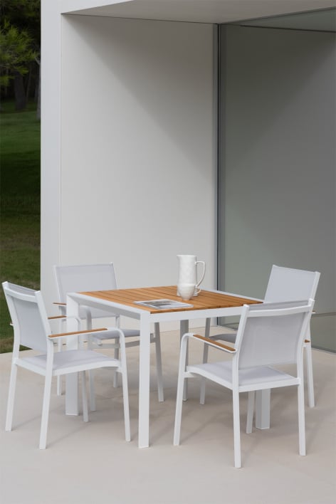 Conjunto de mesa quadrada 90x90 cm em madeira de eucalipto Archer Classic e 4 cadeiras de jardim empilháveis em alumínio Archer - Gardénia Branco