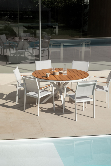 Conjunto de mesa redonda Ø140 cm em madeira de eucalipto e 6 cadeiras de jardim empilháveis em alumínio Archer - Gardénia Branco