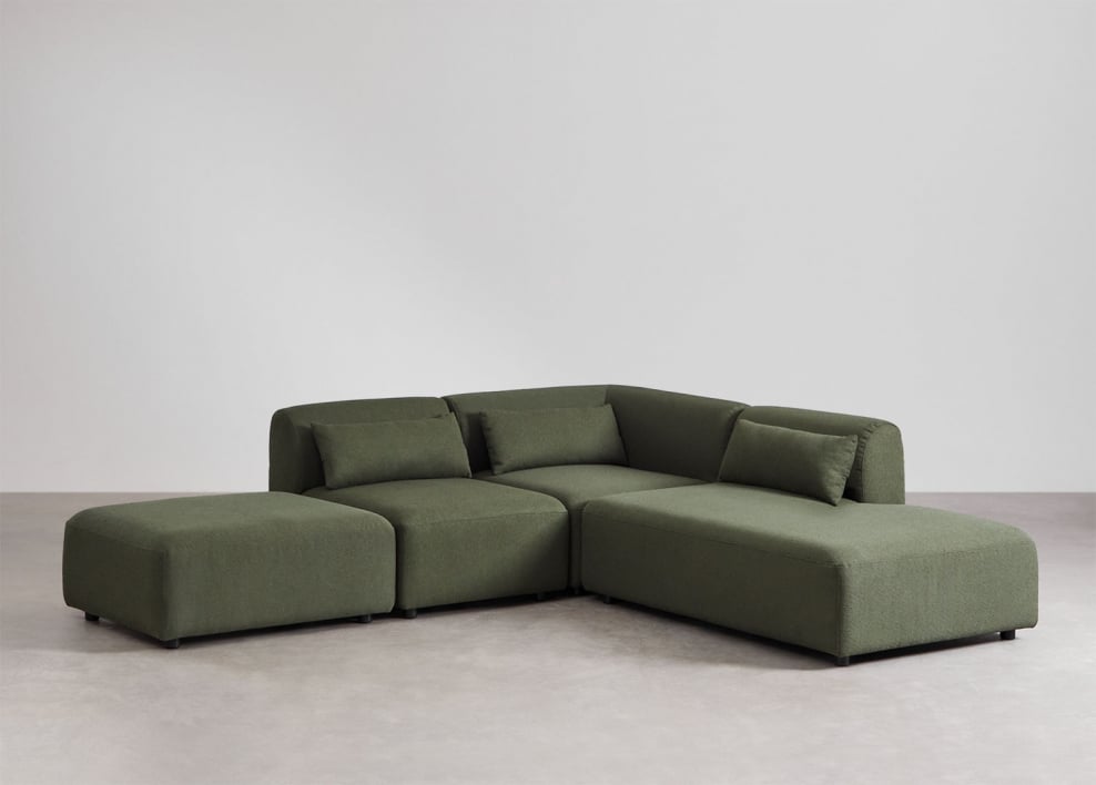 Sofá de canto modular de 3 peças com chaise direita e pufe Fogler - Chenille Verde Sálvia