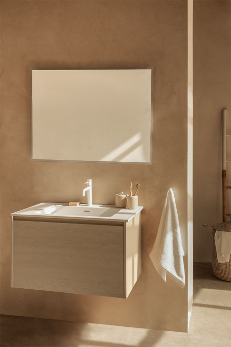 Conjunto de móvel de casa de banho suspenso 80x50 cm em madeira com lavatório integrado Jacob - Madeira Natural