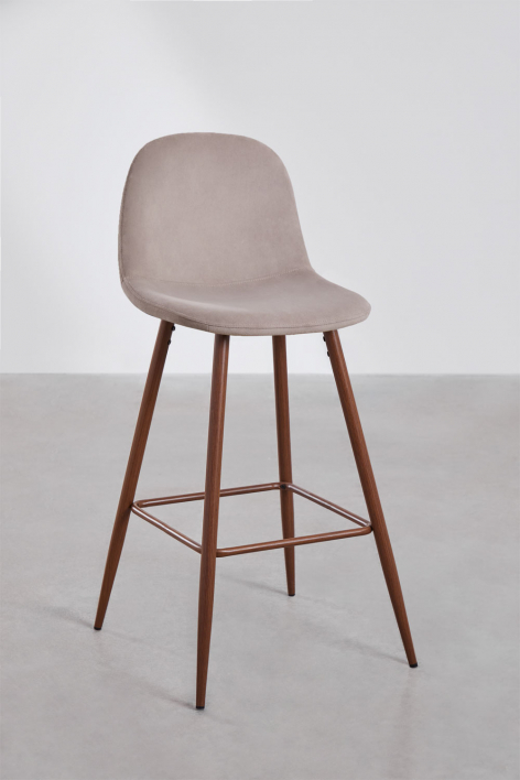 Banco alto 75 cm em veludo cinza taupe e pés com acabamento madeira escura Glamm - Toupeira