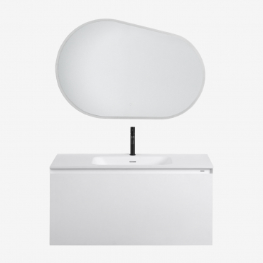 Conjunto De Móvel De Casa De Banho Suspenso Em Madeira Com Lavatório Integrado Macrae Branco & Oval Led E Anti-embaciamento 100x80 Cm Riben - Sklum