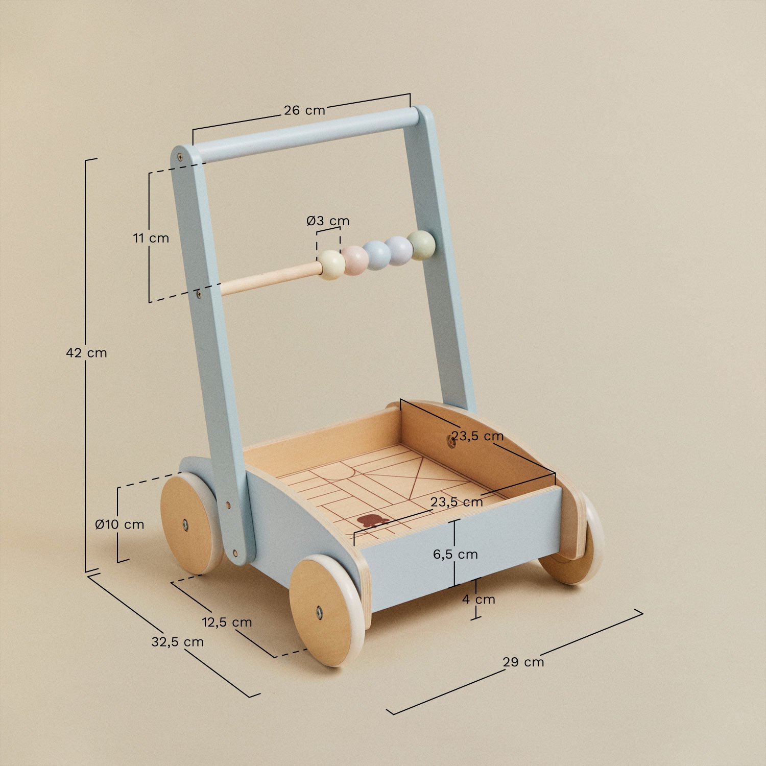 Soriento kids carrinho de passeio de madeira multi-atividades, Dimensões