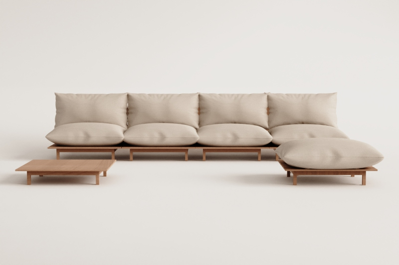 Conjunto de jardim com sofá modular reclinável de 4 peças, mesa de centro e puff em madeira de acácia Brina