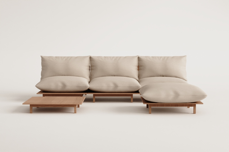 Conjunto de sala com sofá modular reclinável de 3 peças, mesa de centro e puff em madeira de acácia Brina