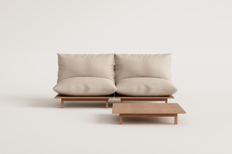 Conjunto de sala com sofá modular reclinável de 2 peças e mesa de centro em madeira de acácia Brina