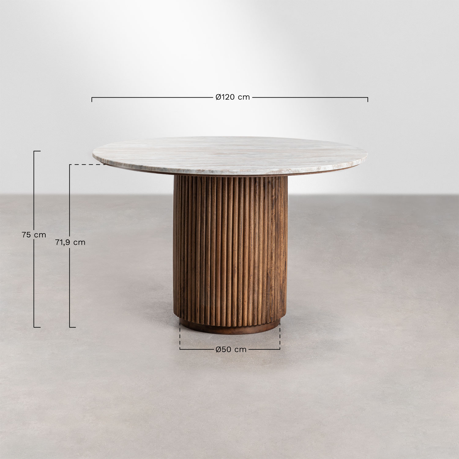 Conjunto de mesa redonda Ø120 cm em mármore e madeira de mangueira Giselda e 4 cadeiras de jantar em veludo Xastru, Dimensões