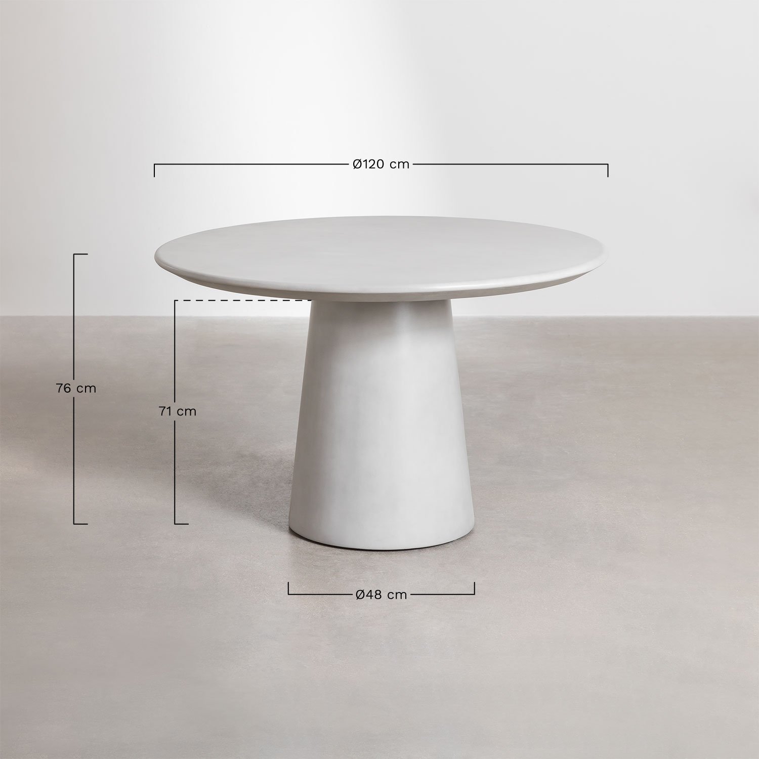Conjunto de mesa redonda Ø120 cm em cimento Noemi e 6 cadeiras de jantar em madeira estofadas Amieva, Dimensões