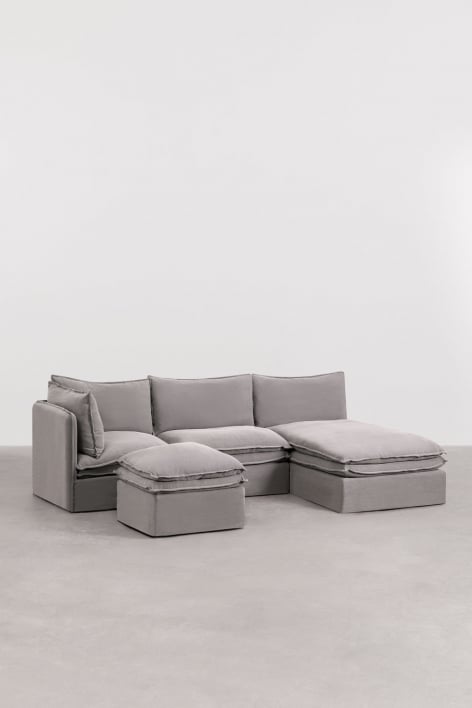 Sofá modular chaise longue de 3 peças e puff em linho e algodão Grace - Tecido Cinzento Escuro