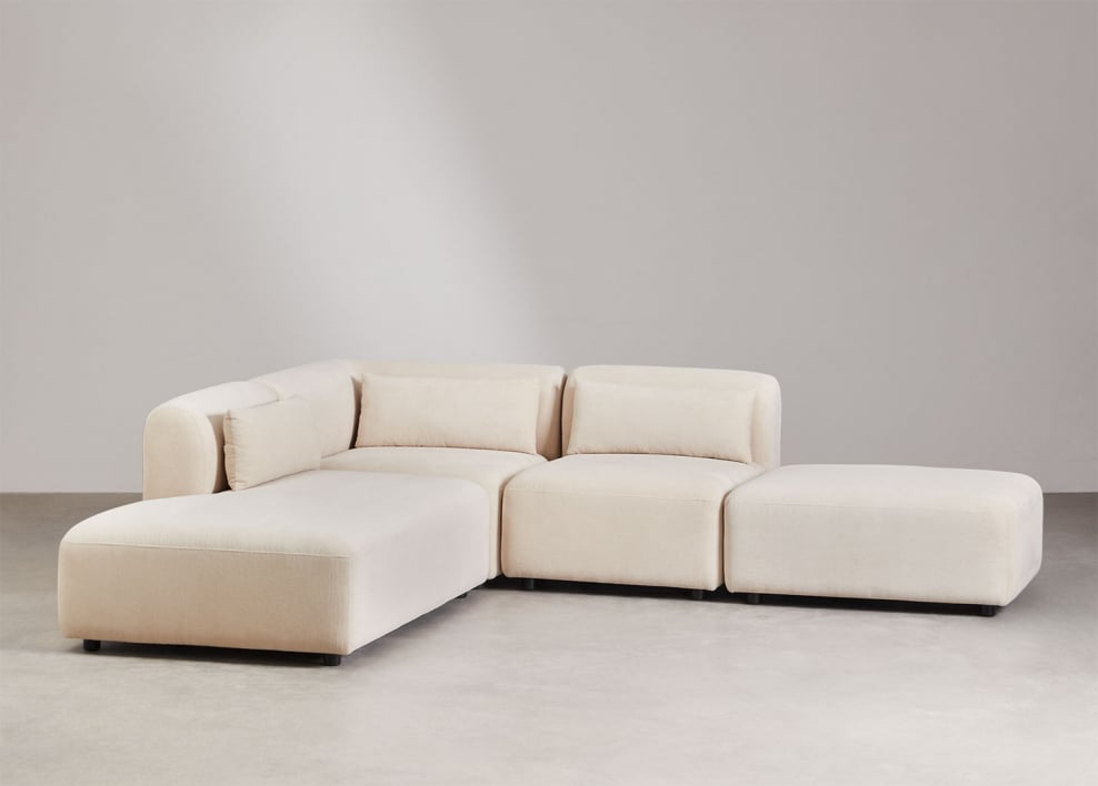 Sofá de canto modular de 3 peças com chaise-longue esquerda e pufe Fogler - Bombazina Crema Linho