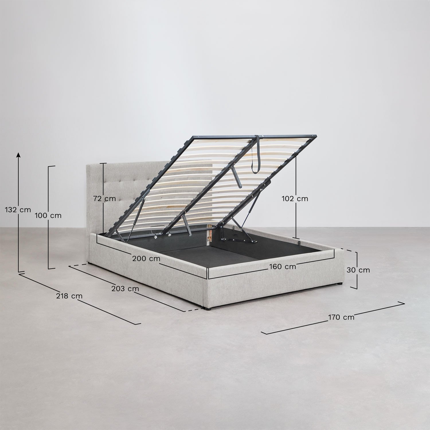 Cama estofada Abiel com base de armazenamento dobrável, Dimensões