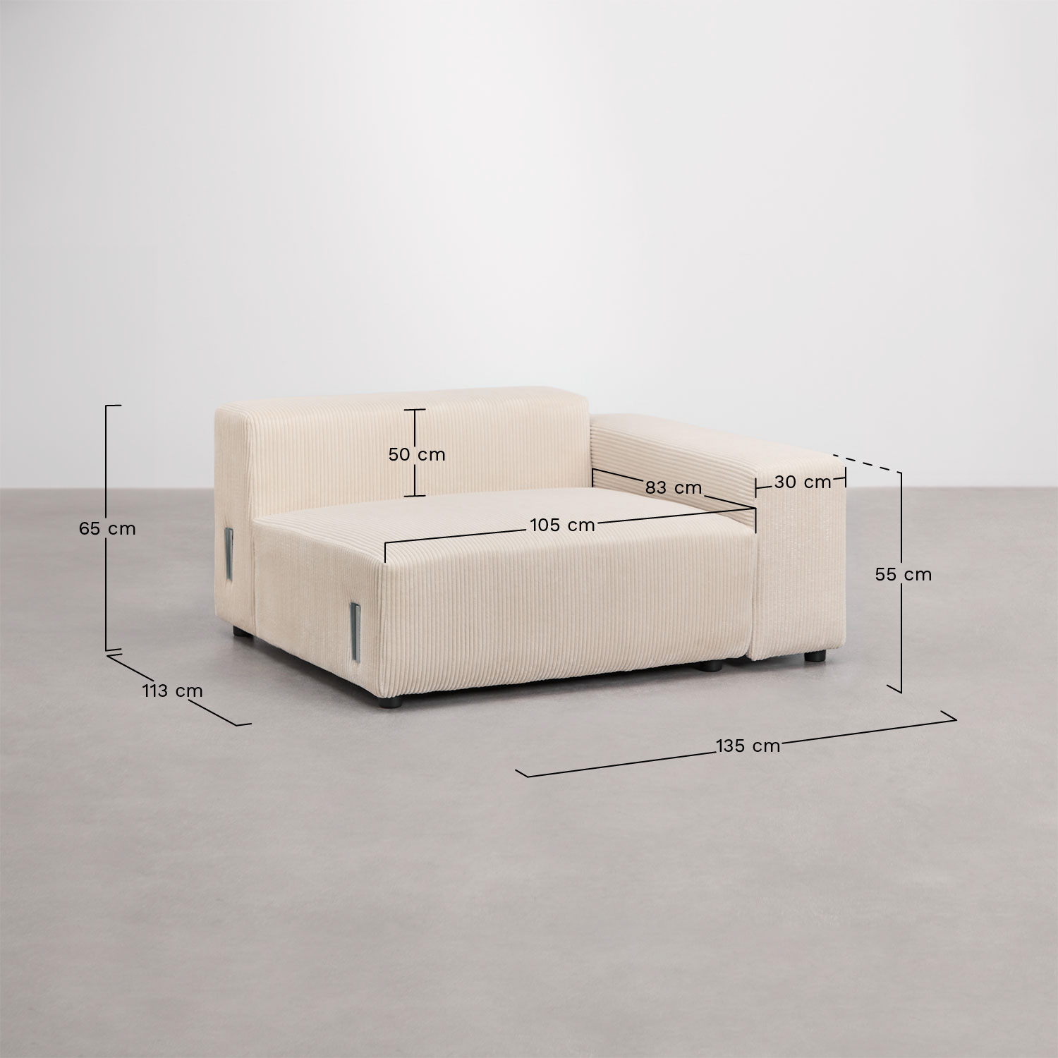 Módulo de canto direito 135x113 cm com apoio de braço baixo para sofá modular Bruna, Dimensões