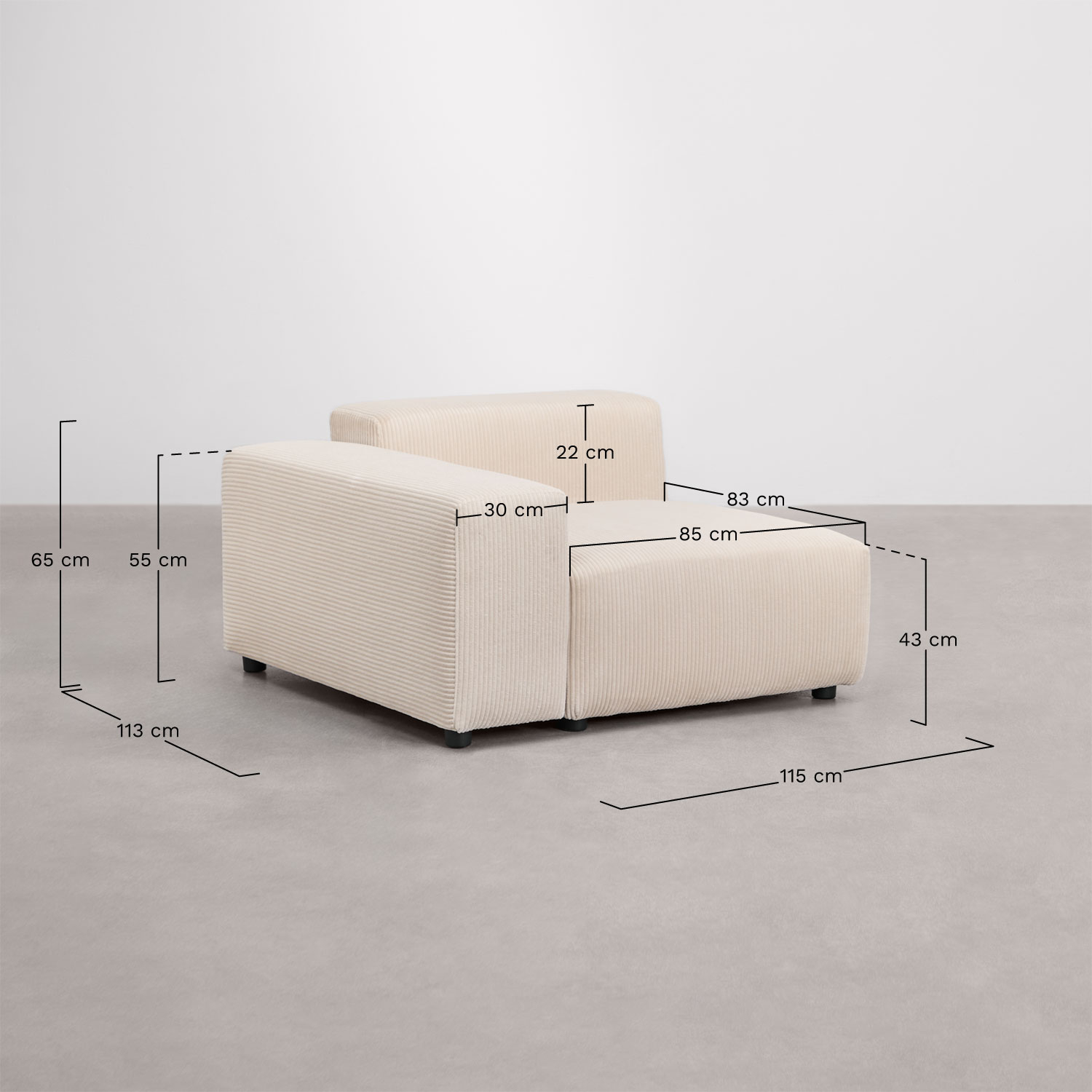 Módulo de canto esquerdo 115x113 cm com apoio de braço baixo para sofá modular Bruna, Dimensões