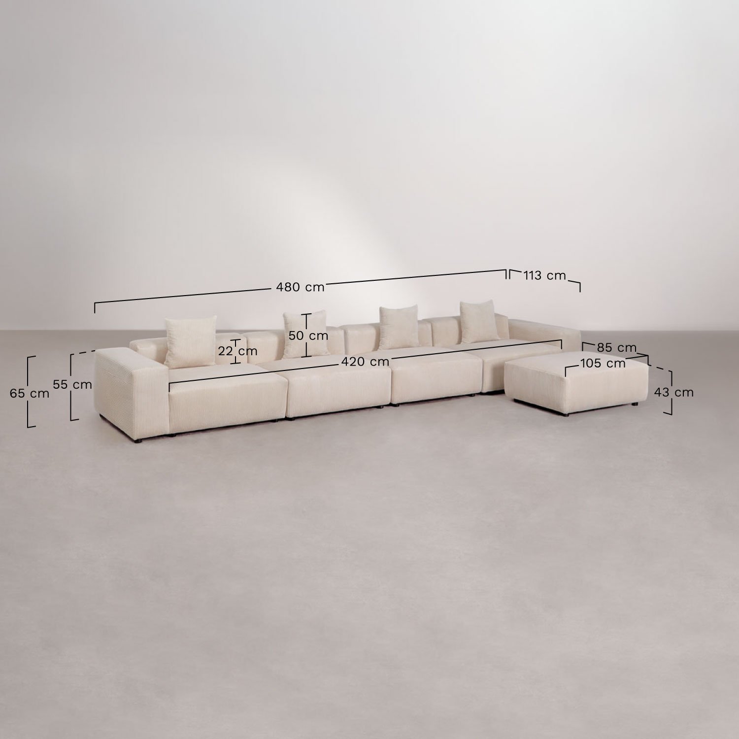 Sofá modular de 4 peças com braço baixo e puff ↔︎480 cm Bruna, Dimensões