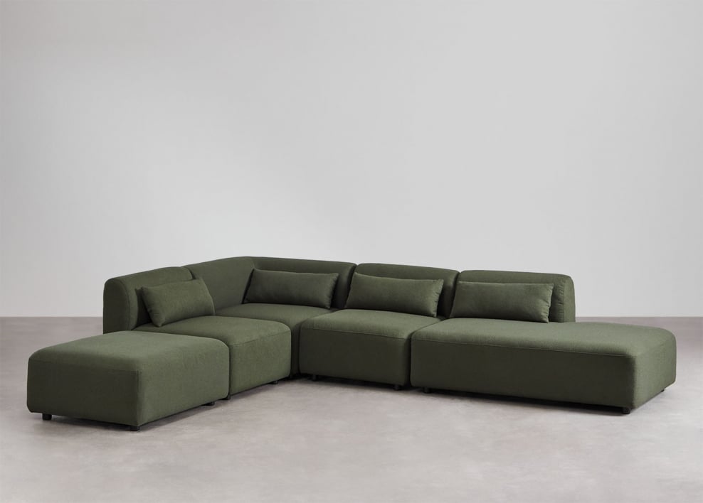 Sofá modular de canto de 4 peças com chaise direita e pufe Fogler - Chenille Verde Sálvia