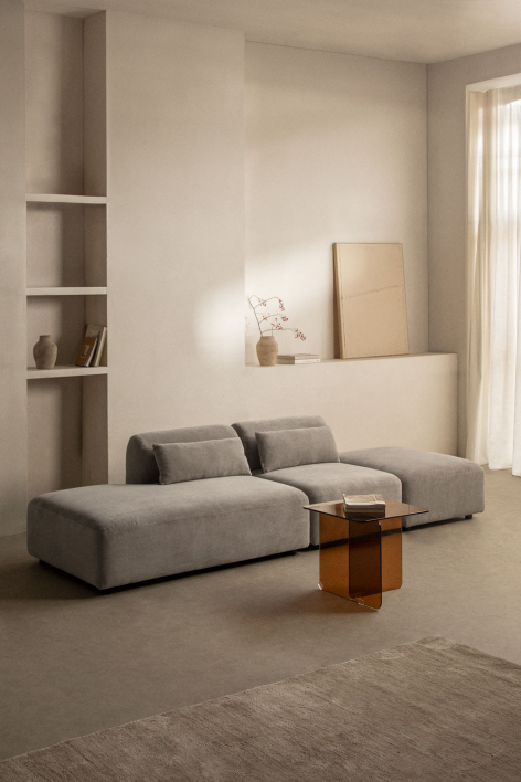 Sofá modular de 2 peças com chaise longue à esquerda e puff Fogler - Bombazina Cinzento Toupeira Claro