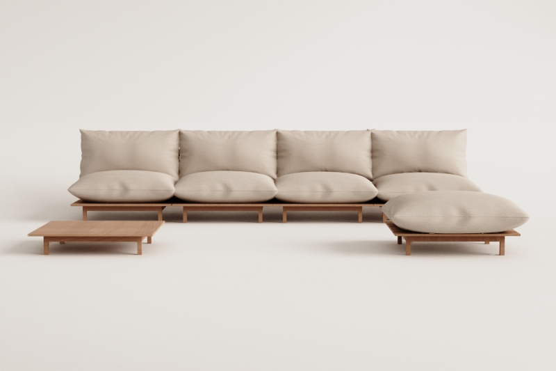 Conjunto de sala de estar com sofá modular reclinável de 4 peças, mesa de centro e puff em madeira de acácia Brina