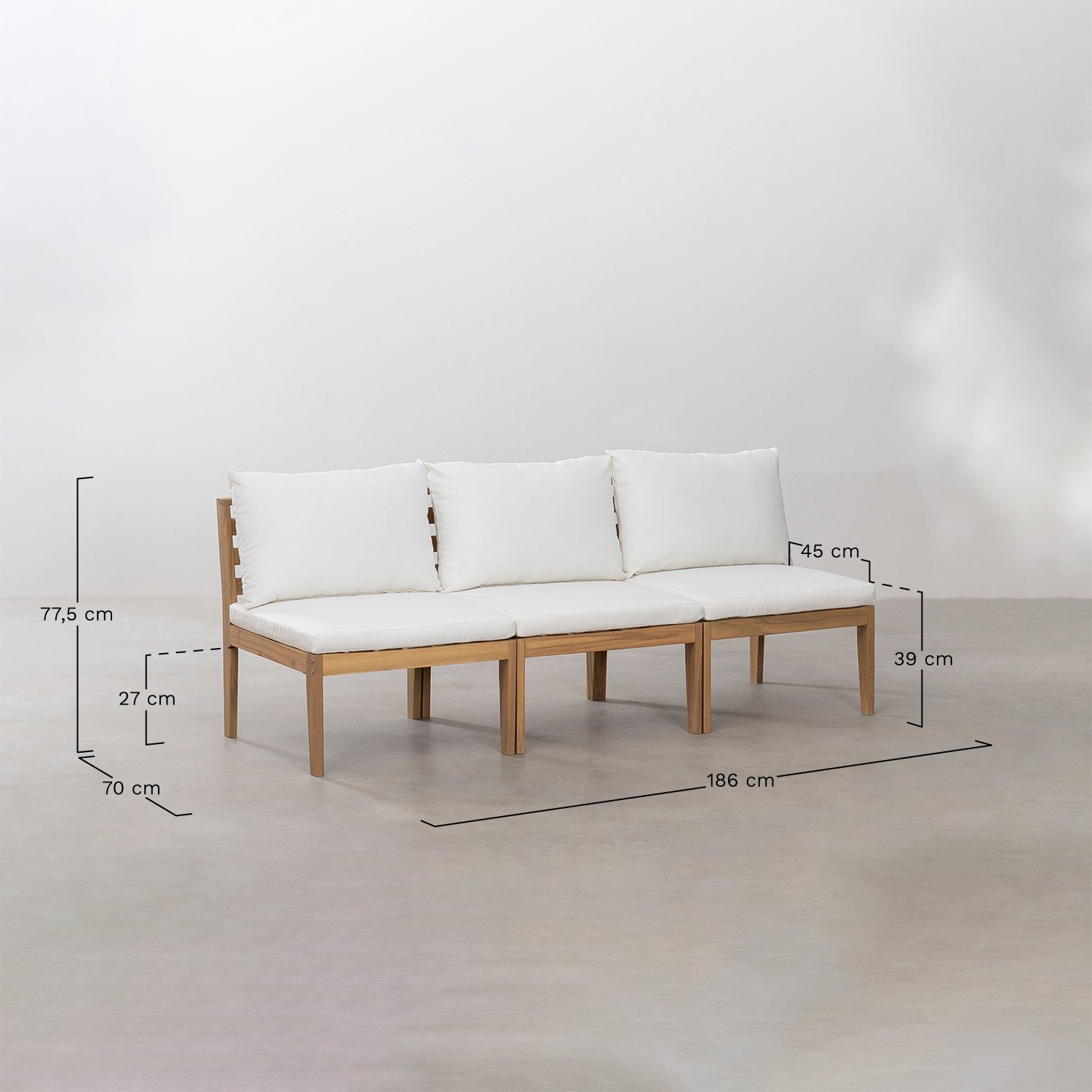 Sofá de jardim modular de 3 peças em madeira de acácia Filips            , Dimensões