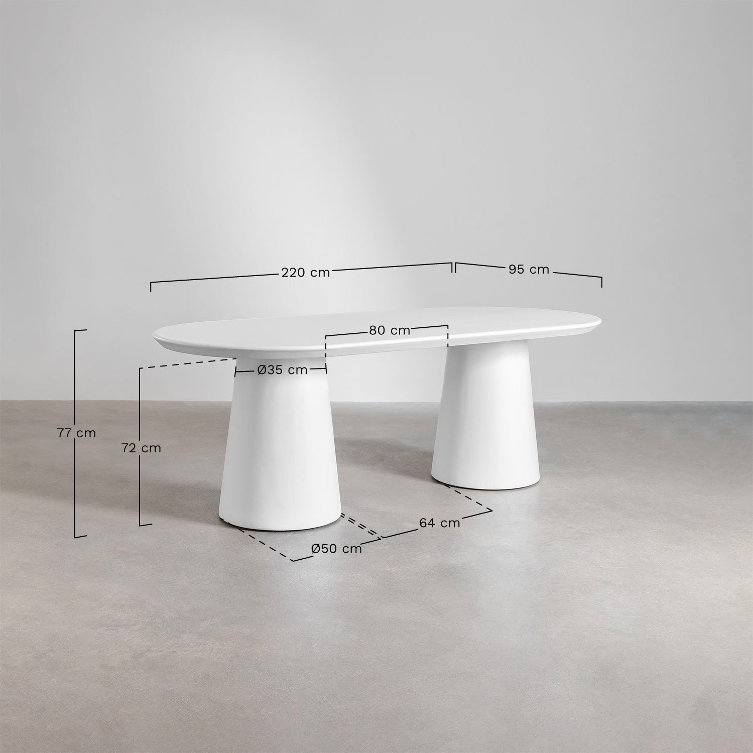 Conjunto de mesa ovalada 220x95 cm em cimento Noemi e 8 cadeiras de jantar em madeira e tecido bouclé Lucca, Dimensões