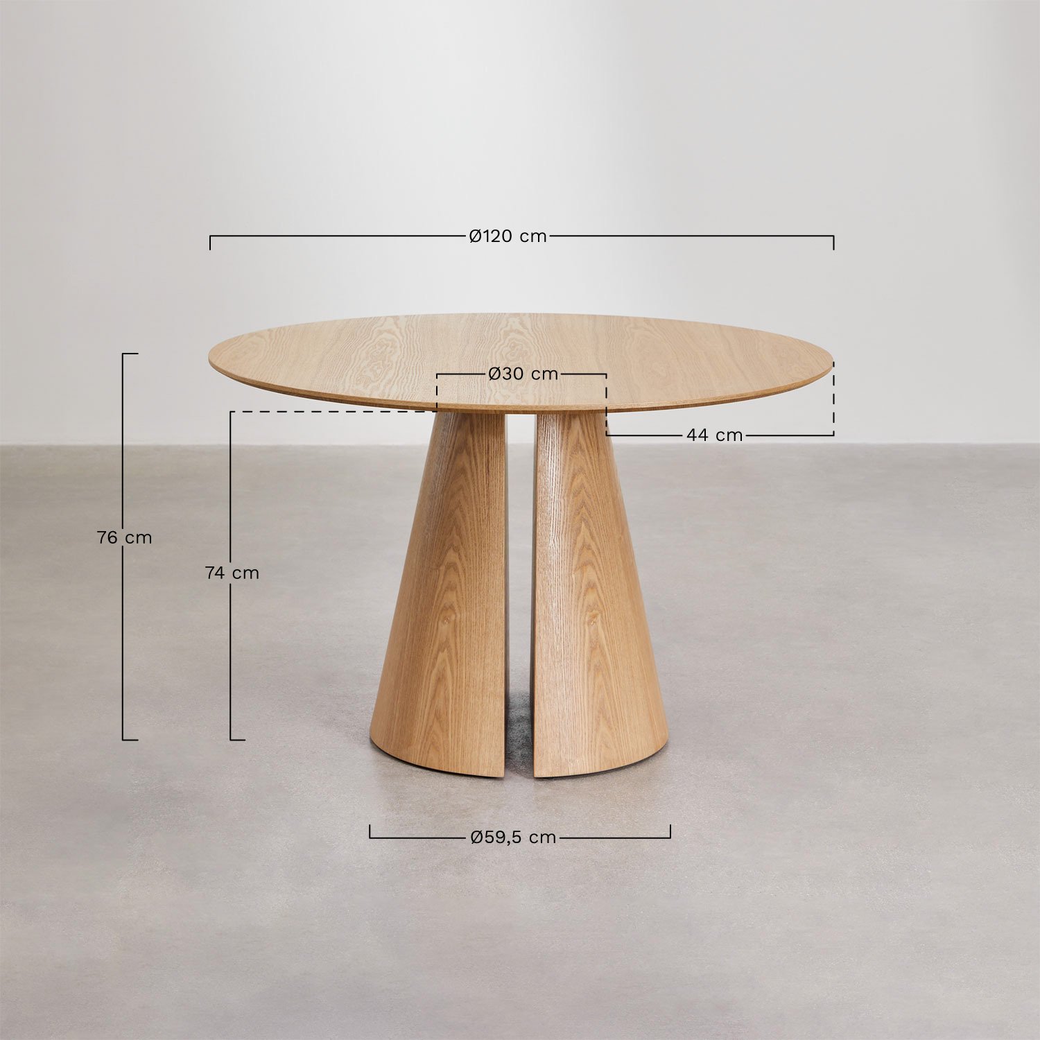 Mesa de jantar redonda Ø120 cm em MDF e folha de freixo Agnes, Dimensões