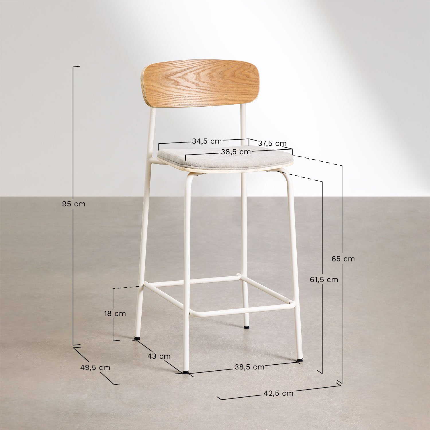 Banqueta alta empilhável Wilpier de 65 cm em ferro e madeira, Dimensões