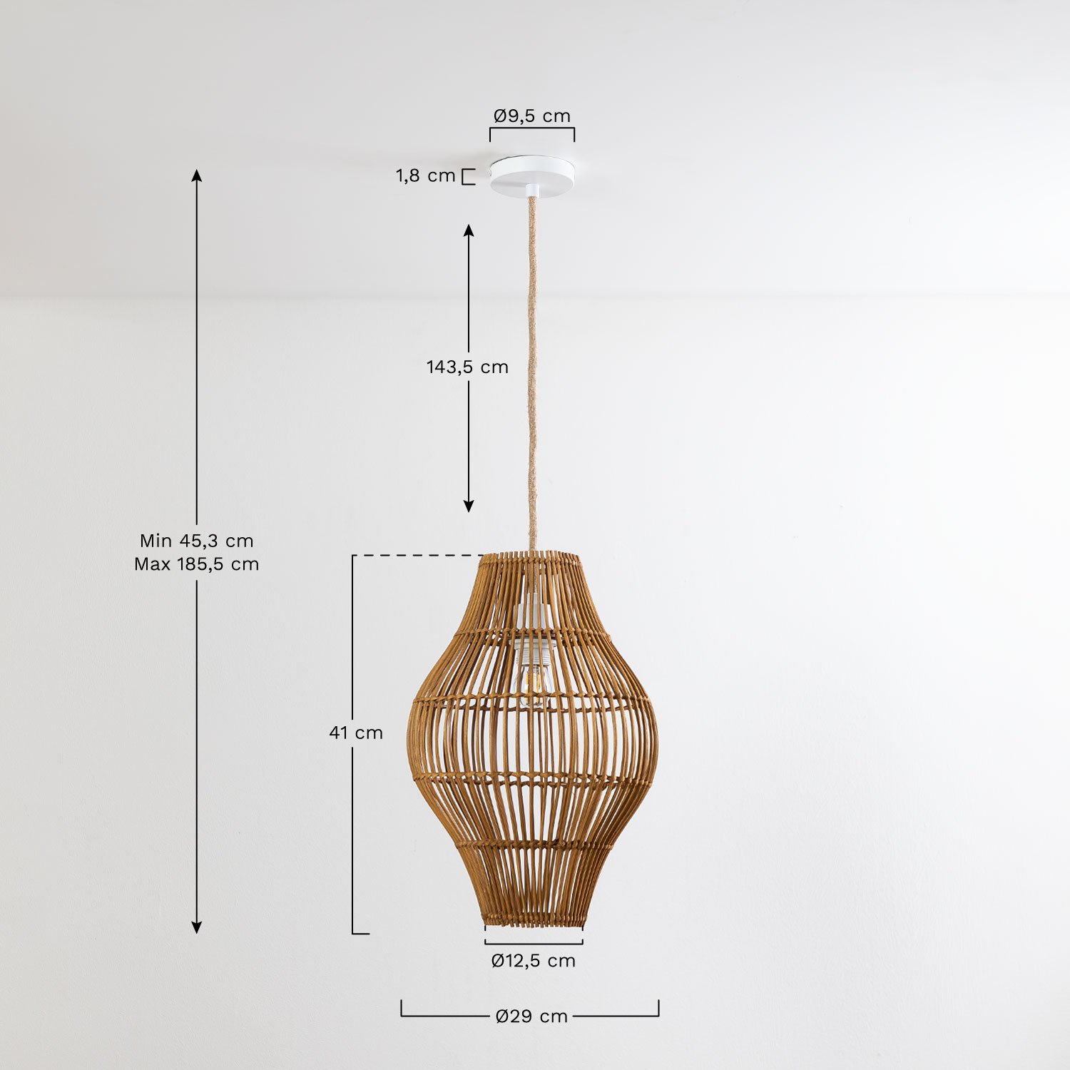 Candeeiro de tecto em rattan Maope, Dimensões
