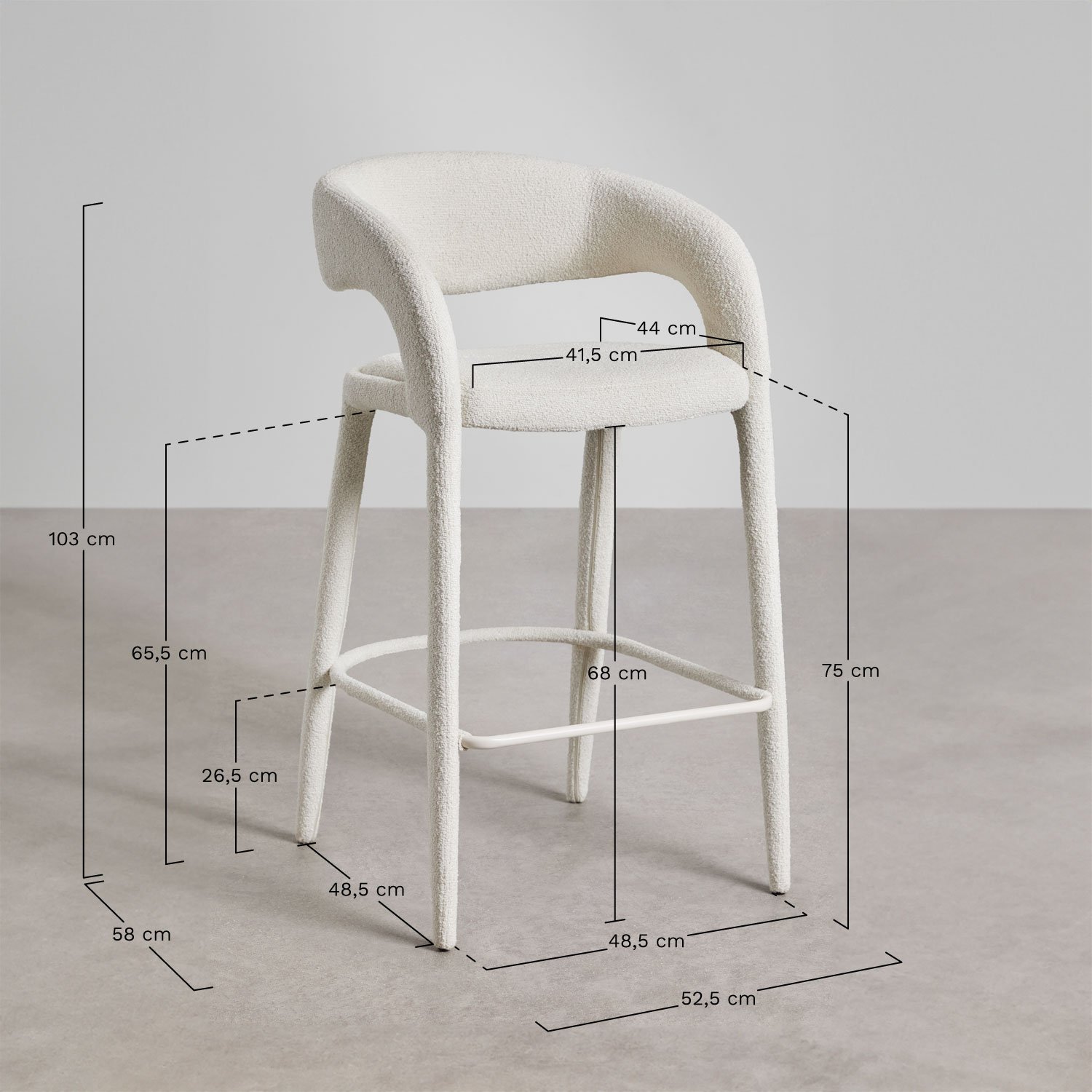 Banco alto 75 cm estofado Arazeina, Dimensões