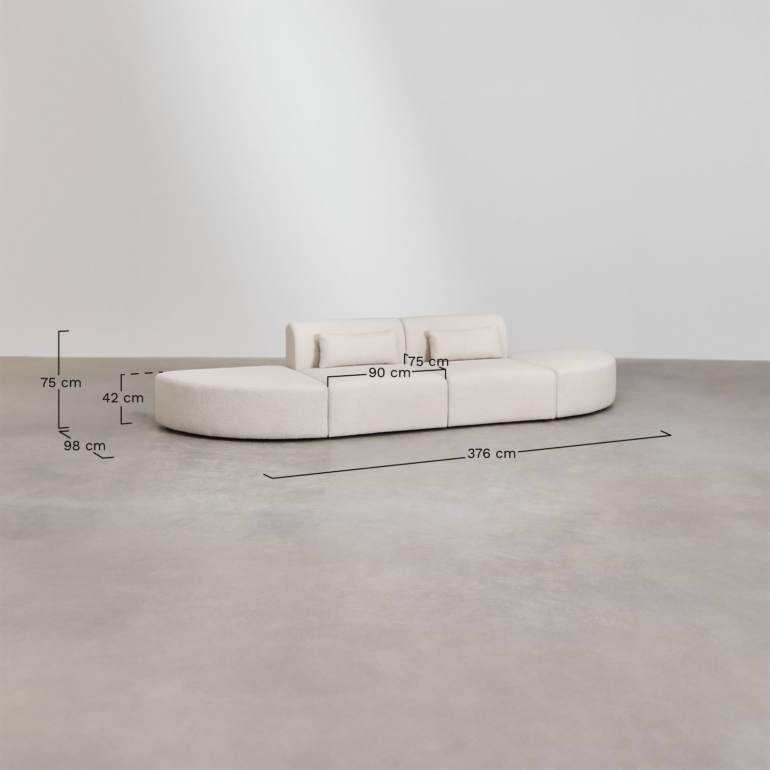 Sofá modular de 2 peças com 2 pufes triangulares em borreguito Borjan, Dimensões